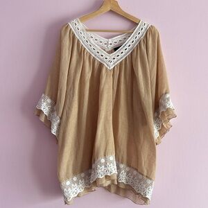 Hallhuber Elegant Tan Women's Top with Lace Trim Size L
